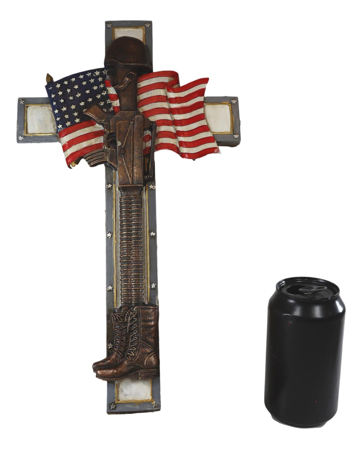 Rustic USA Flag American Fallen Soldier Helmet Rifle Boots Memorial Wall Cross - Ebros Gift