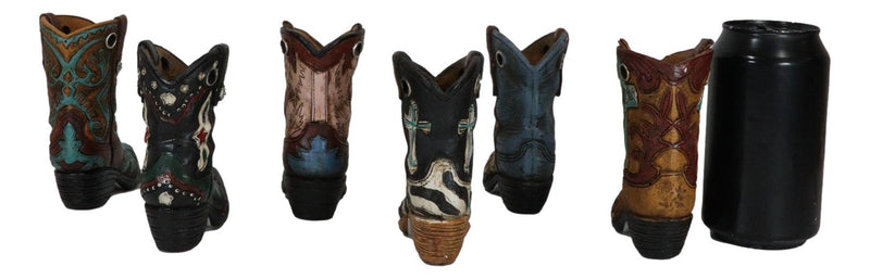 Rustic Western Crosses Tooled Leather Finish Mini Cowboy Boots Figurine Set Of 6