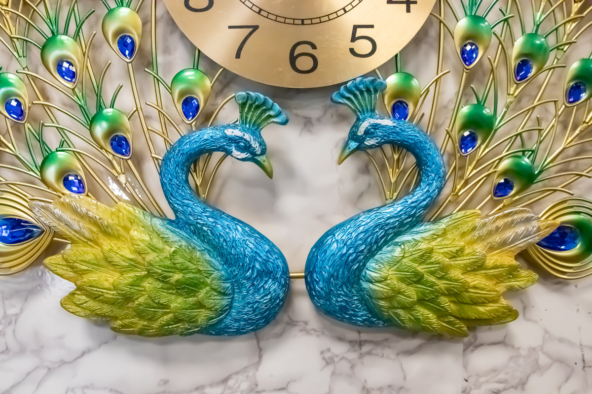 25"H Large Valentine Lover Peacocks Iris Gold Plated Colorful Metal Wall Clock
