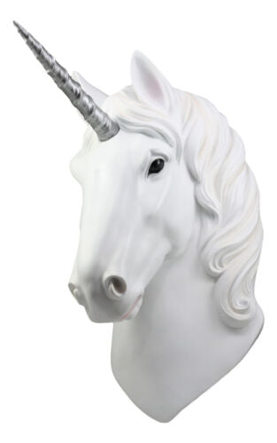 Ebros Her Majesty White Unicorn Wall Head Mount Decor 3D Figurine Ancient Rampart Fabled Steed Silver Horned Unicorn Wall Decorative Plaque - Ebros Gift