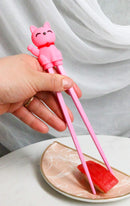 Pink Maneki Neko Lucky Cat Reusable Training Chopsticks Set With Silicone Helper