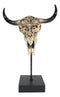 Western Rustic Tooled Bull Cow Skull With Celtic Cross Sculpture On Pole Display