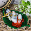 Hindu God Baby Krishna Vishnu Sucking His Right Toe On Peepal Leaf Statue 4"W