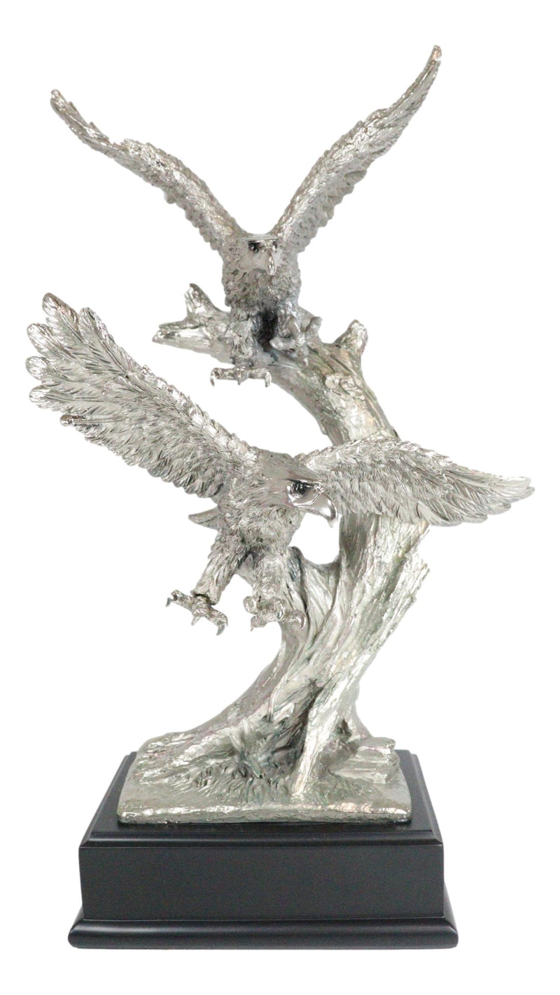 Large King Of The Skies Electroplated Silver Bald Eagles Taking Flight Statue