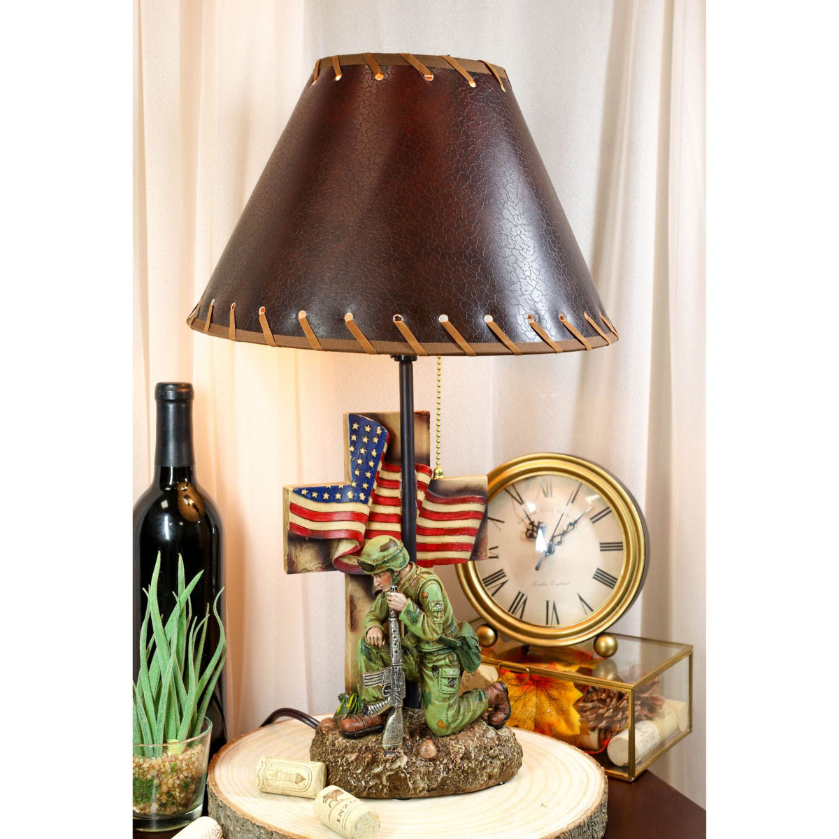 Patriotic Soldier With Rifle Kneeling By American Flag Cross Memorial Table Lamp