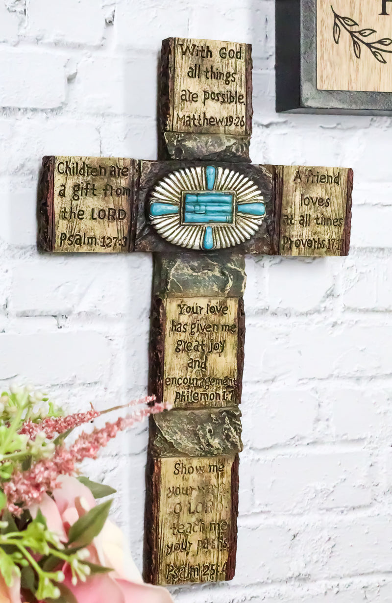 Rustic Western Christian Bible Verses Scriptures Turquoise Stones Wall Cross