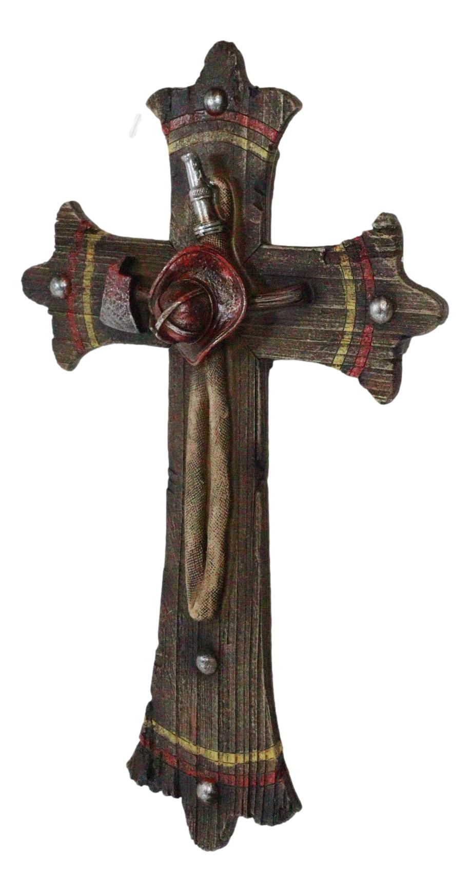 Rustic Fire Fighter Tools Fireman Axe Helmet Water Hose Faux Wood Wall Cross