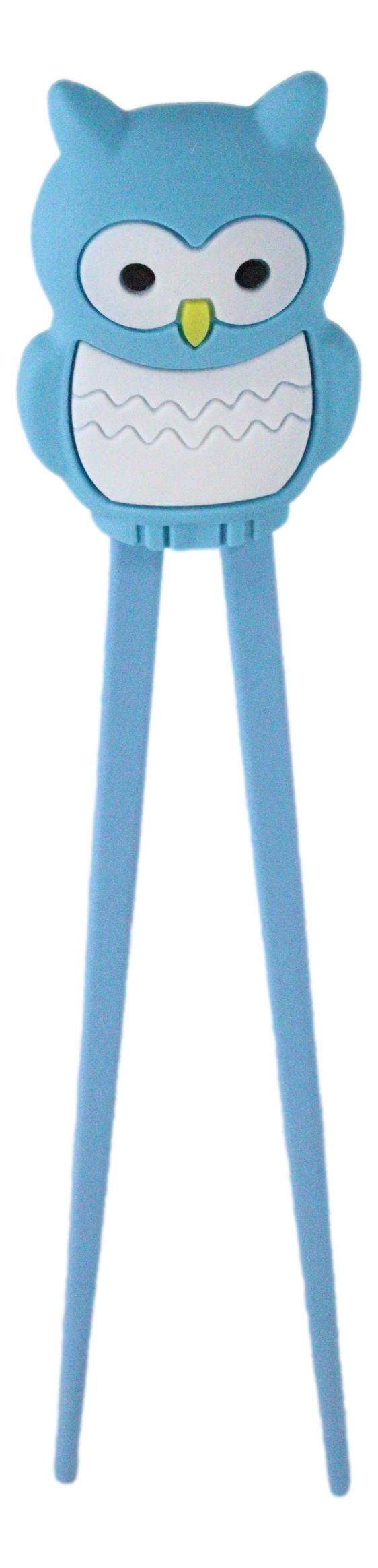 Sky Blue Night Owl Reusable Training Chopsticks Set With Silicone Helper Hinge - Ebros Gift