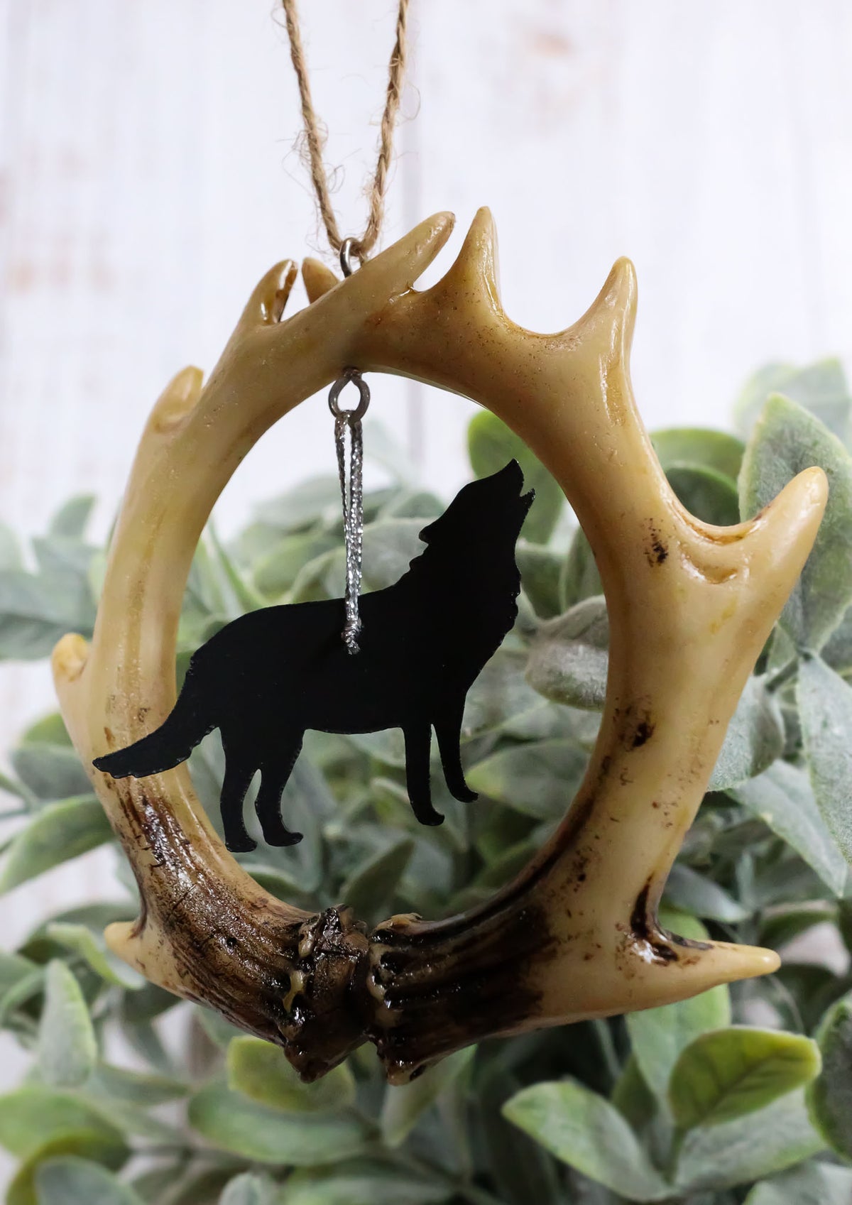 Rustic Western Deer Antlers Howling Gray Wolf Set of 2 Christmas Tree Ornaments