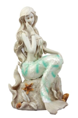 Ebros Ocean Turquoise Mermaid Sitting On Starfish Coral Bed Rock Figurine 13"H