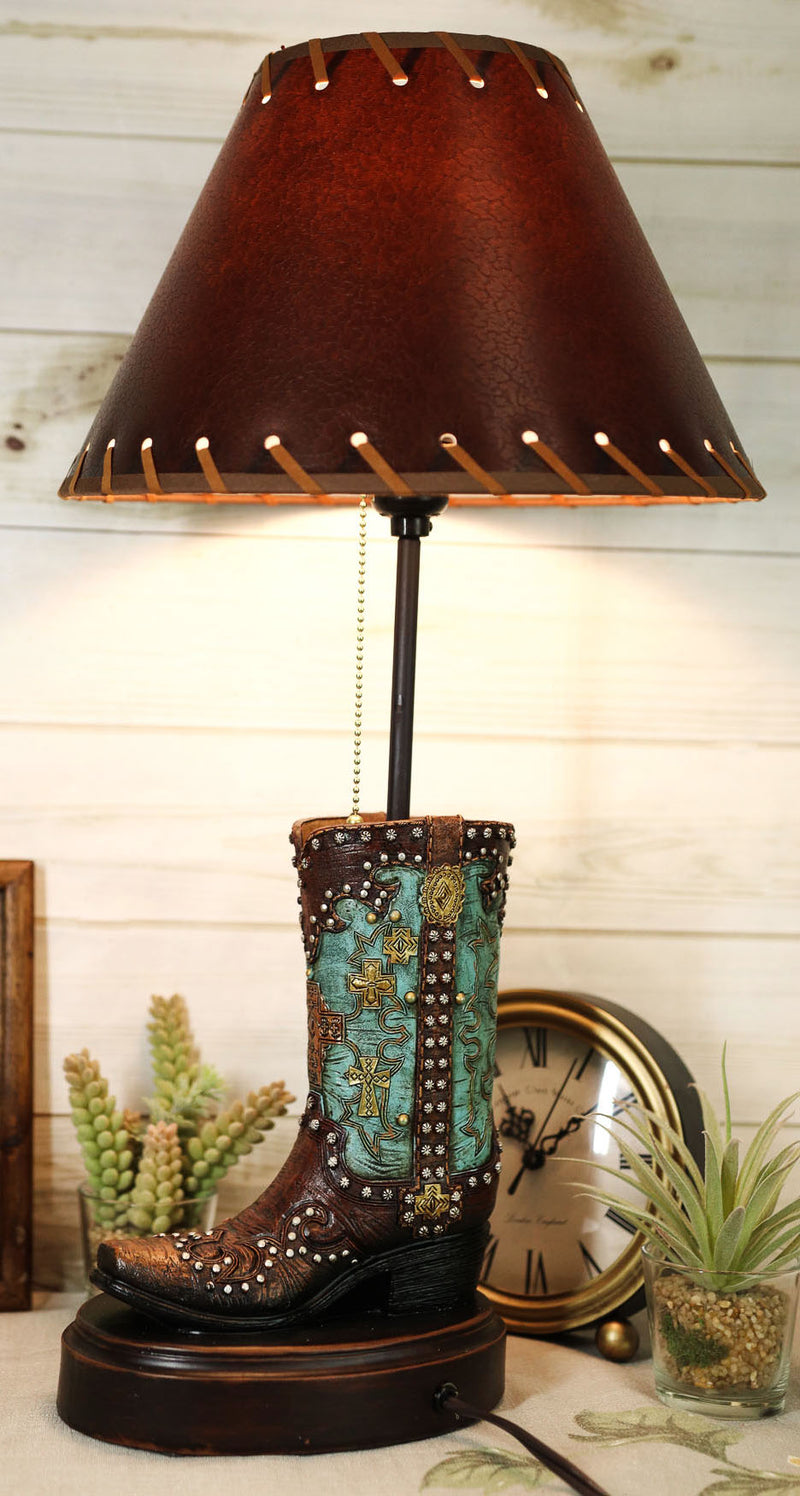 Western Tooled Turquoise Cowboy Boot Hand Painted Desktop Table Lamp With Shade