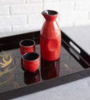 Japanese 12oz Ceramic Red Calligraphy of Fortune Sake Set Flask With Four Cups