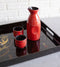 Japanese 12oz Ceramic Red Calligraphy of Fortune Sake Set Flask With Four Cups