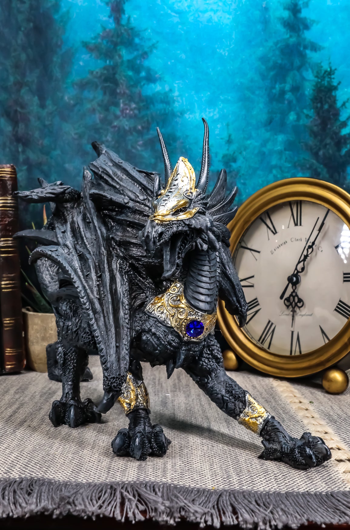 Tharos The Blue Sapphire Golden Armored Dragon Statue 10"Long Fantasy Home Decor