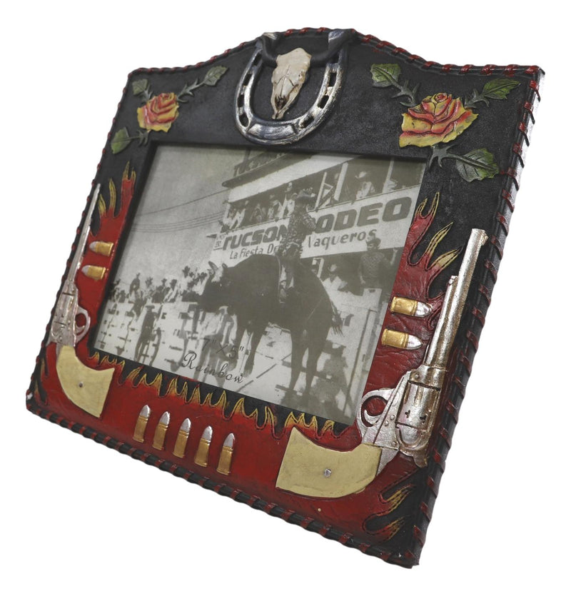 Rustic Western Cowboy Dual Gun Revolvers Horseshoe Cow Skull Photo Frame 5"X7"