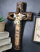 Rustic Love Grows Here Birds On Branch Flowers Faux Wooden Tree Bark Wall Cross