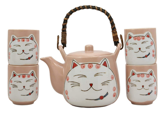 Maneki Neko Lucky Beckoning Cat Matte Pink 20oz Ceramic Tea Pot and Cups Set