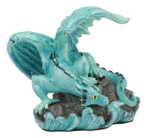 Ebros Small Aqua Blue Whimsical Dragon On Ocean Rock Statue 3.75"Long Fantasy