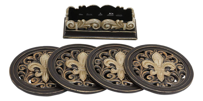 Ebros Rustic Western Tuscany Fleur De Lis Crown Carved Scroll Art Coaster Holder with 4 Round Coasters Set in Faded Bronze Finish Home and Kitchen Dining Decorative Figurine Southwestern Creole Decor