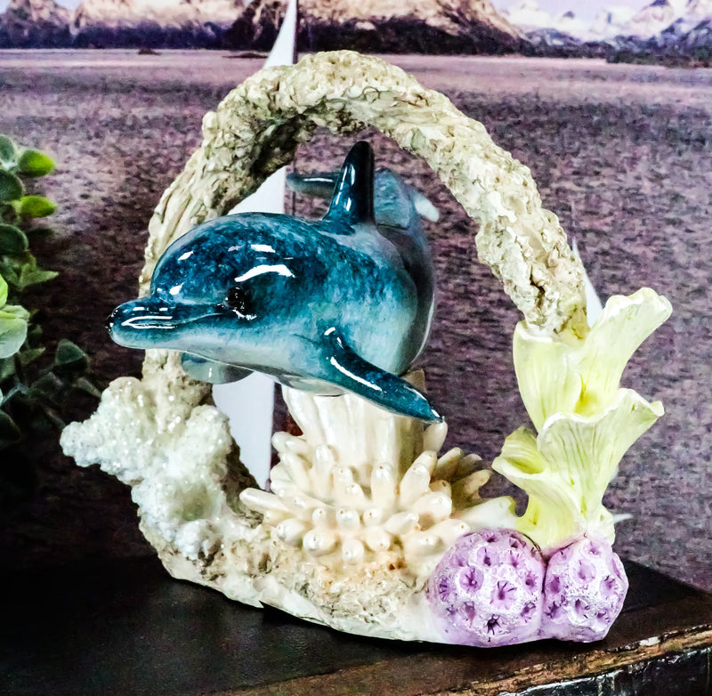 Ebros Nautical Blue Bottlenose Dolphin Swimming By Coral Reef Decorative Statue