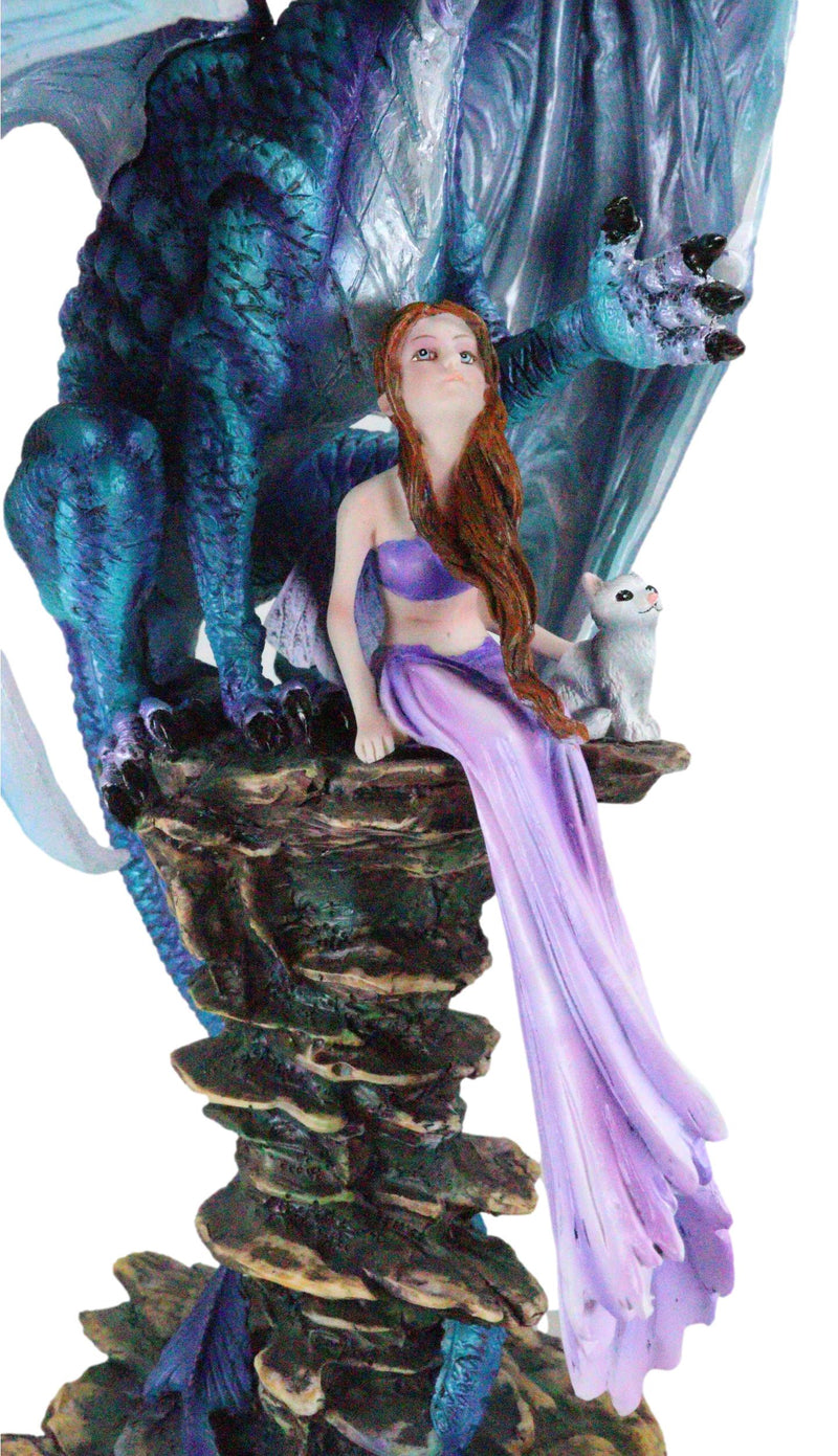 Giant Leviathan Blue Dragon Protecting A Young Princess Fairy With Kitten Statue