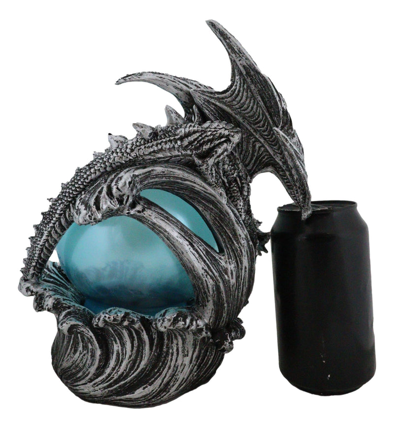 Silver Ocean Dragon Riding Tidal Sea Waves With Colorful LED Sphere Orb Figurine
