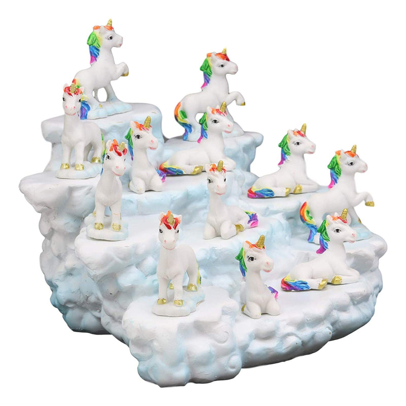 Ebros Magical Clear Blue Sky Clouds Terrace Castle Display Stand Figurine with 12 Miniature Rainbow Unicorns with Golden Horns Decorative Fairy Garden Accent Centerpiece Set