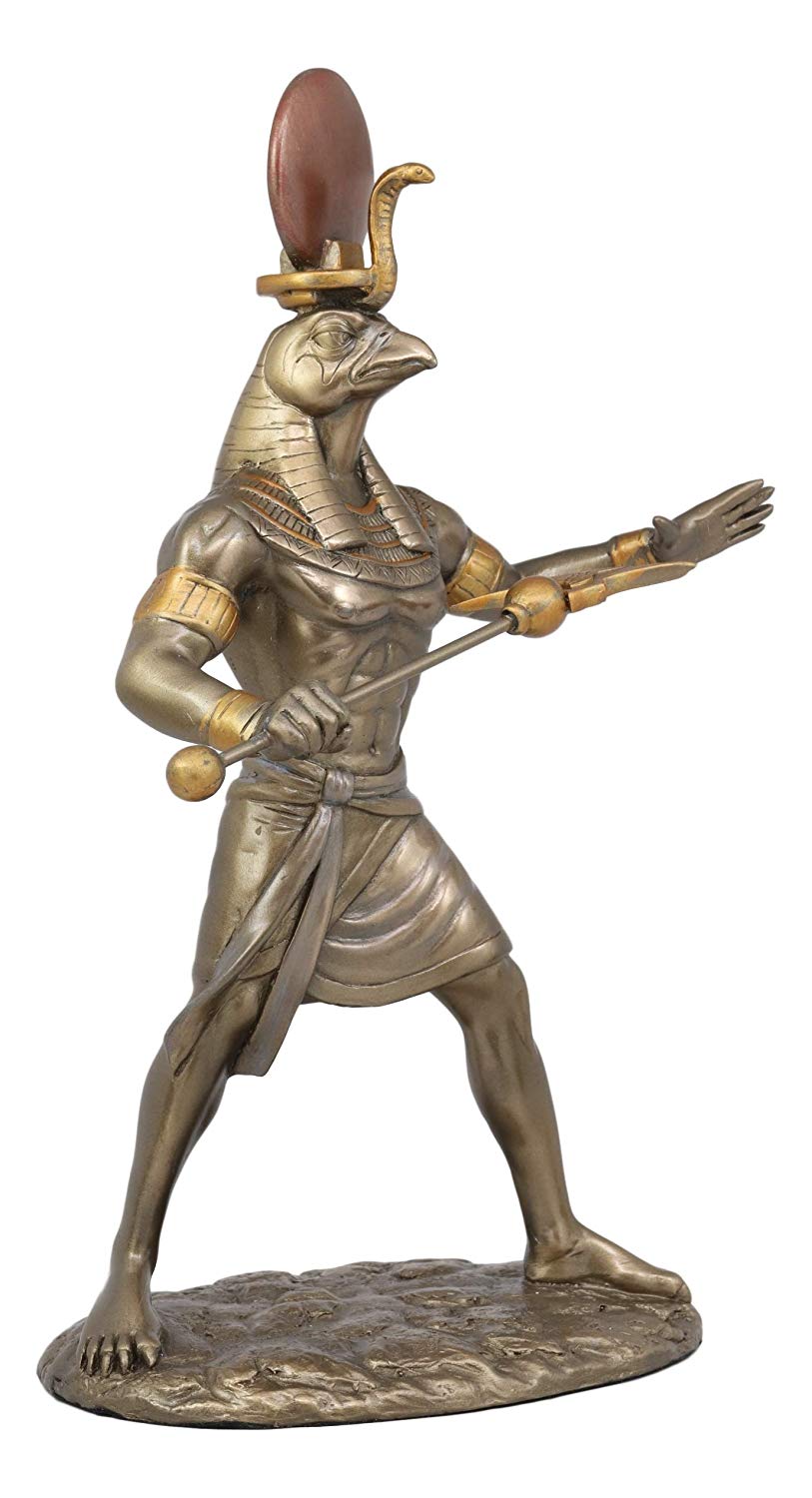 Ebros Egyptian Mythology God Horus Ra with Sun and Uraeus Disc Statue in Faux Bronze Resin Gods of Egypt Deity of War & Sky Falcon Heru Figurine 11" Tall Home Decor Sculpture - Ebros Gift