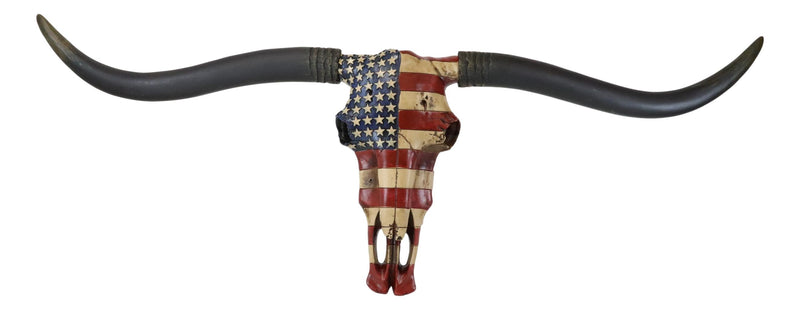 36"L Rustic Western USA Flag Longhorn Steer Cow Skull Wall Head Decor Plaque