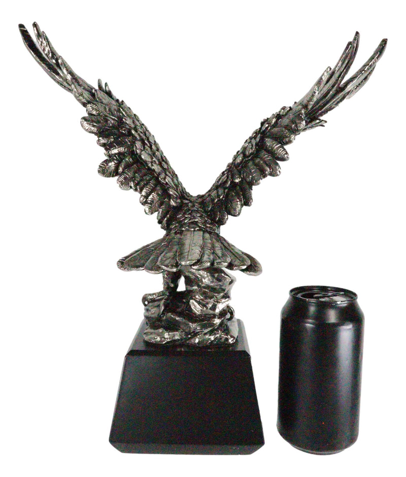 Electroplated Pewter Silver Bald Eagle With Open Wings Landing On Rock Statue