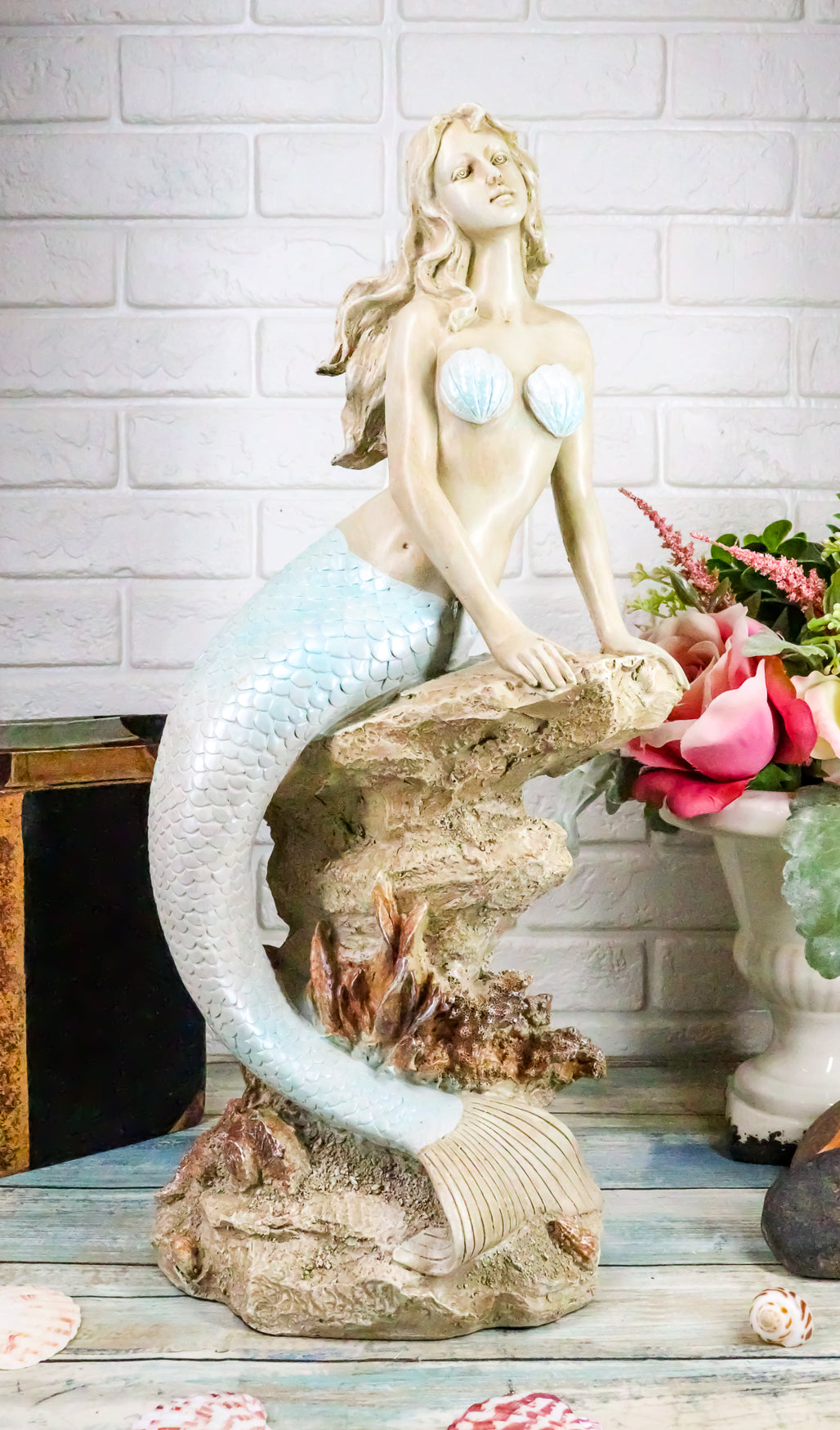Ebros Gift Large Aquamarine Goddess Mermaid Maiden Sitting On Sea Rock Figurine 17.75"H