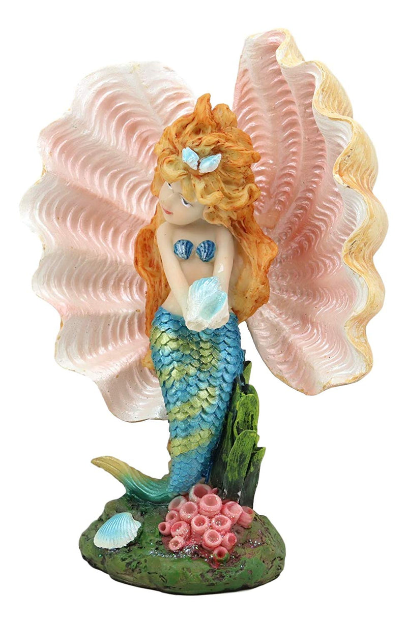 Ebros Aquamarine Mermaid Mergirl Holding Blue Sconce By Giant Pearl Shell Statue 7"H