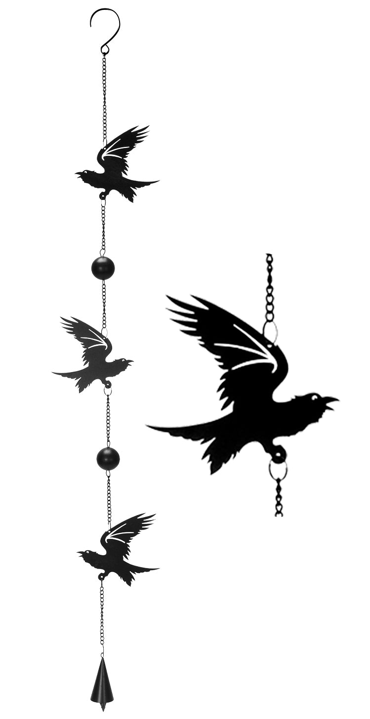 Gothic Bad Omen Trio Crow Ravens Metal Wall Hanging Mobile Wind Chime With Beads