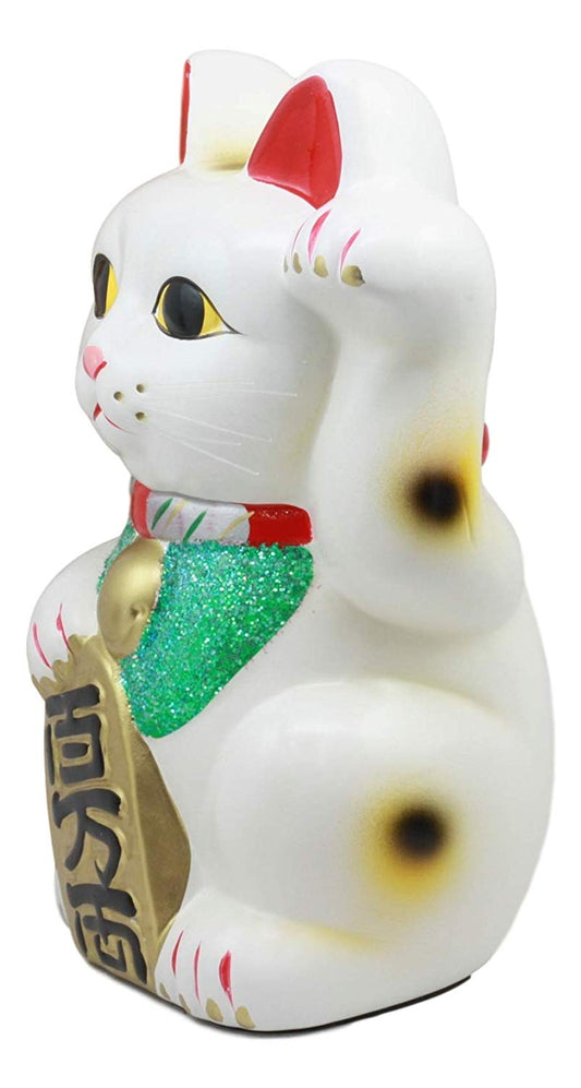 Ebros Japanese Luck and Fortune White Cat Maneki Neko Coin Bank Ceramic 9.5"H - Ebros Gift