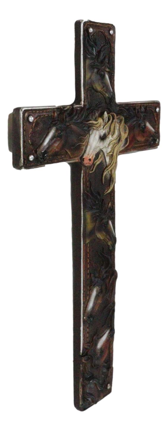 Rustic Western Colorful Horses Breeds Faux Tooled Leather Finish Wall Cross 11"