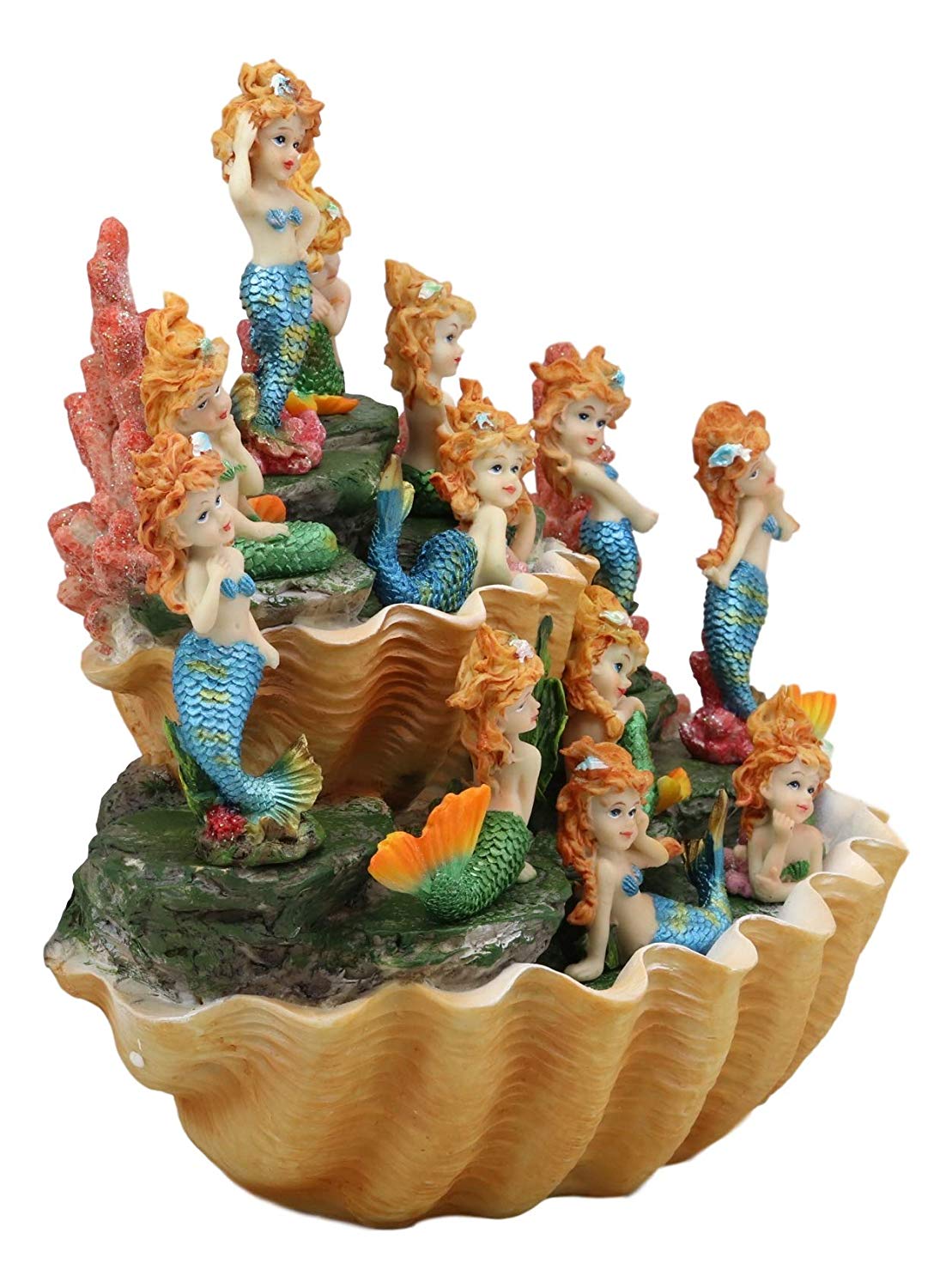 Ebros 10" Wide Colorful Nautical Ocean 2 Tier Golden Giant Clam Shell With Coral Reefs LED Glow Lights Display Stand With 12 Miniature Mergirls Figurine Set Fantasy Mergirl Mermaids Sirens of The Seas - Ebros Gift