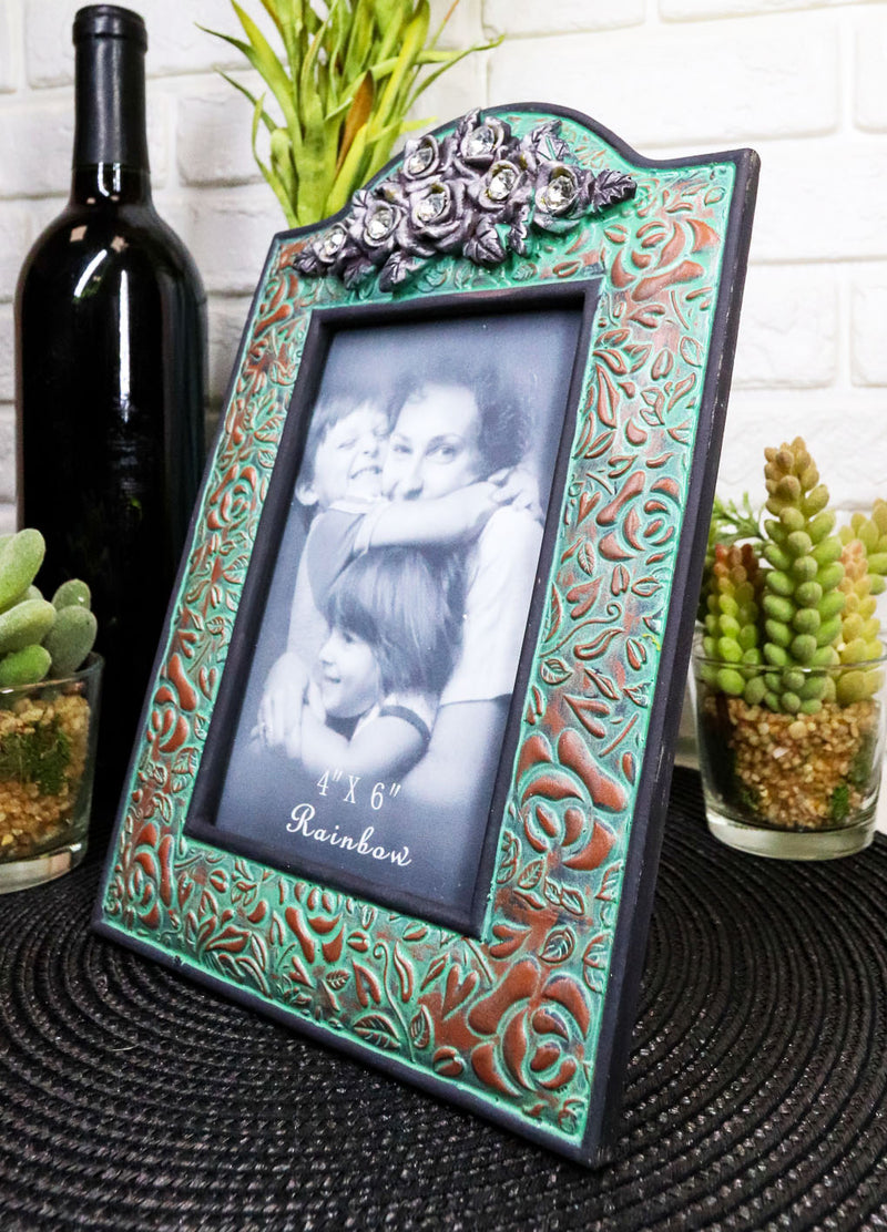 Western Silver Roses Turquoise Faux Tooled Leather Picture Photo Frame 4"X6"