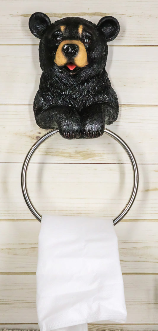 Rustic Cabin Vanity Bathroom Bear Hand Towel Ring Holder Figurine Powder Room - Ebros Gift