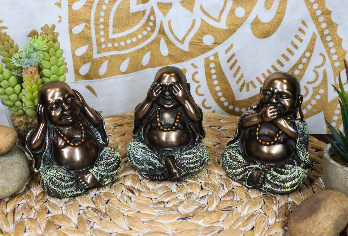 Ebros Small Charm Wise See Hear Speak No Evil Lucky Buddha Statues 4"Tall Bodhisattva Eastern Enlightenment Hotei Figurines - Ebros Gift