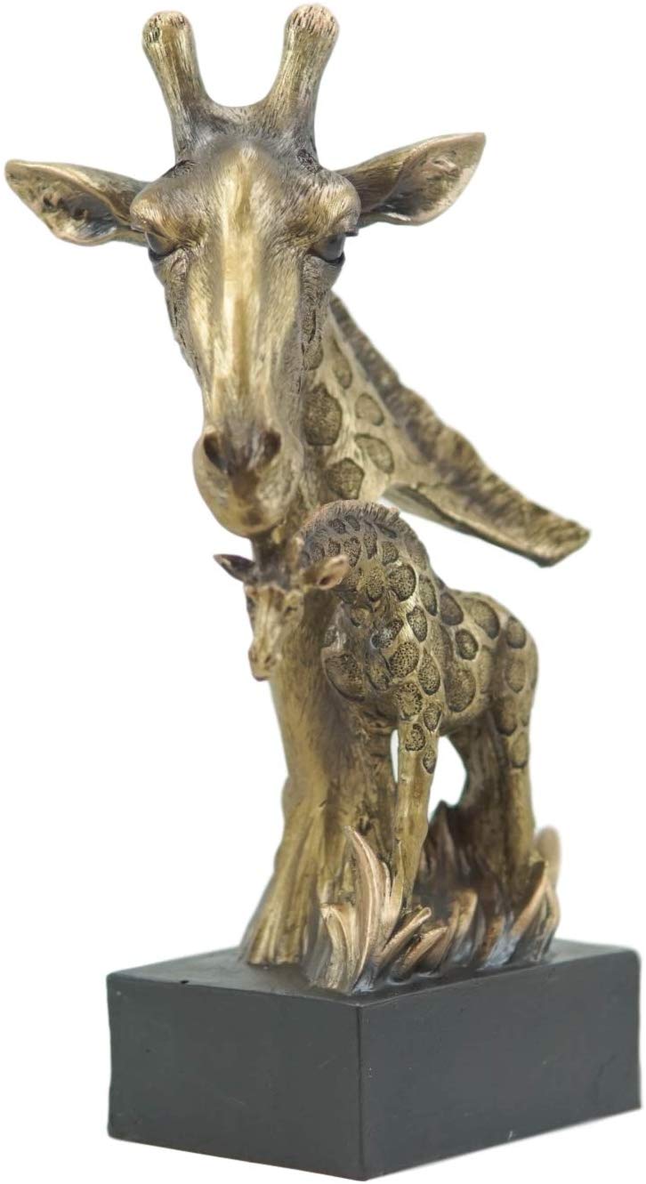 Ebros Giraffe Head Bust with Full Bodied Calf Statue On Pedestal Base 9.75" H