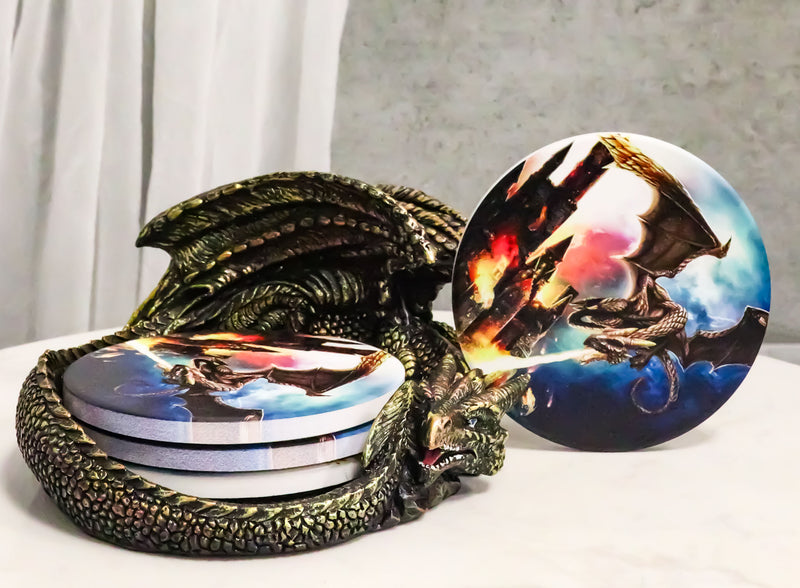 Medieval Smaug Dragon Coaster Set Sleeping Drake Holder With Four Coasters Decor
