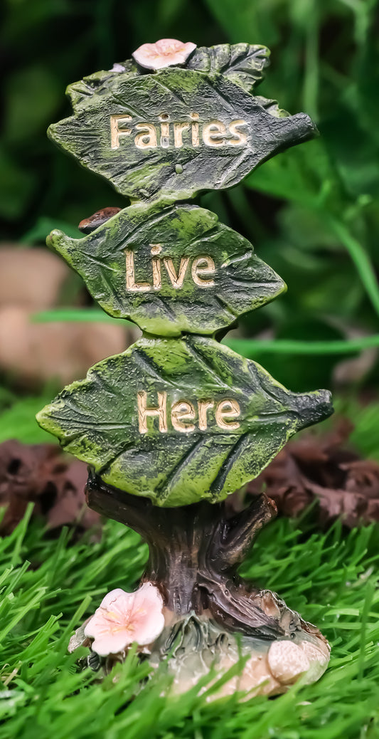 Fairy Garden Miniature Fairies Live Here Flowering Tree Leaves Sign Sculpture - Ebros Gift