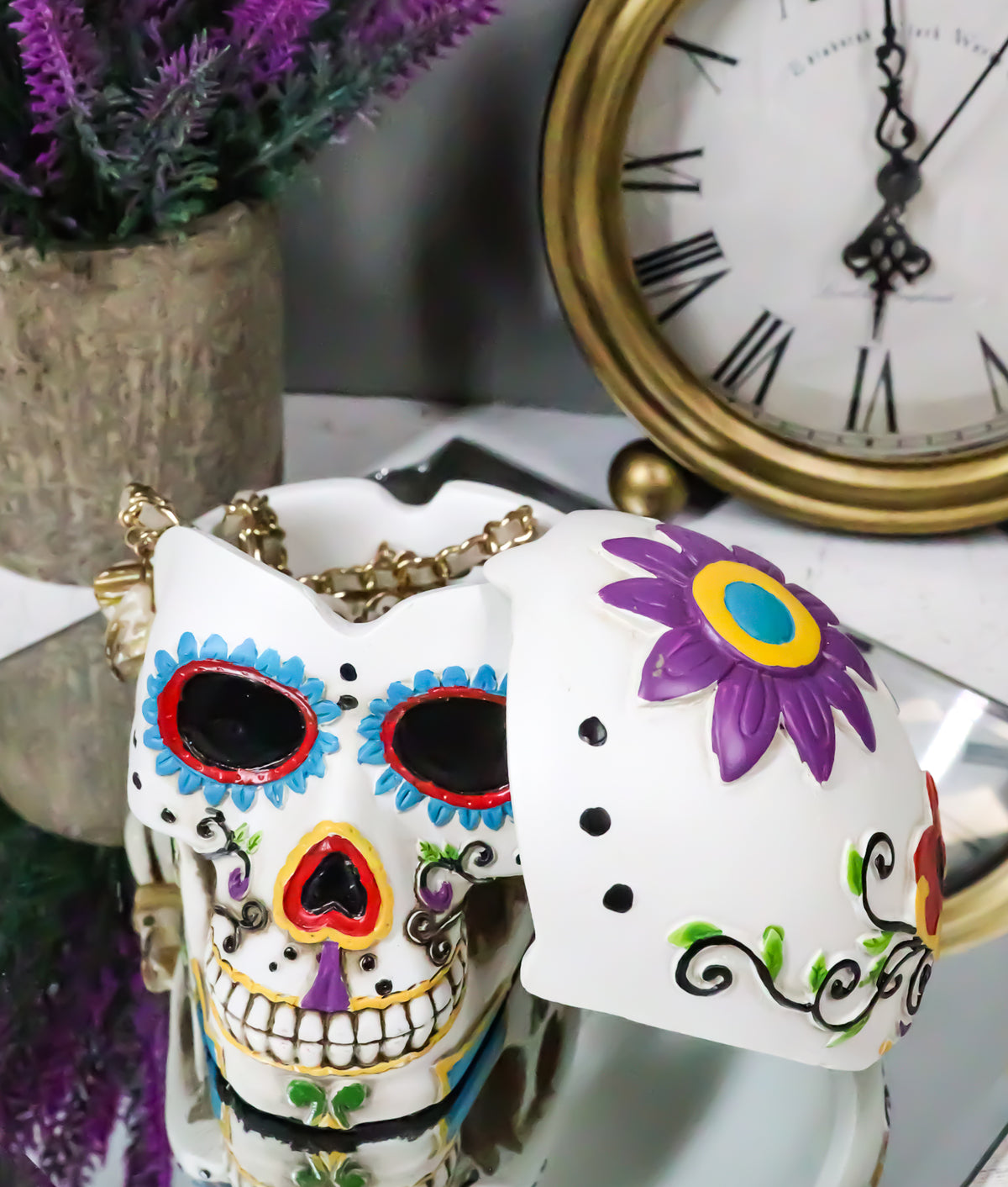 Ebros Day of The Dead White Sugar Skull Ashtray Tribal Tattoo Skull Figurine 5"Long - Ebros Gift