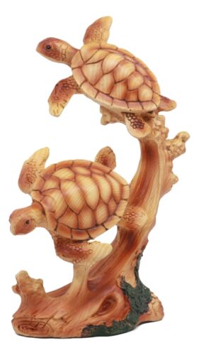 Ebros Exploring Sea Turtles Decor Statue 9" H Faux Wood Resin Finish Marine Life