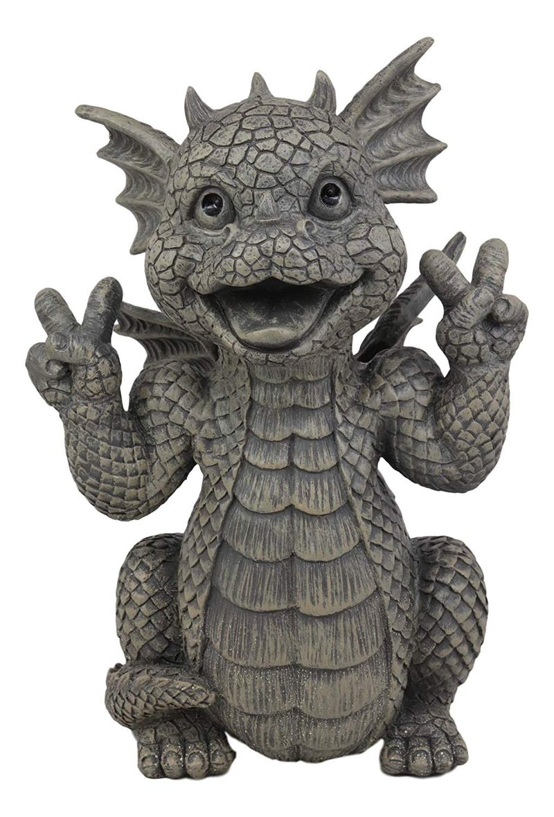 Ebros Whimsical Garden Dragon with Hippie Peace Sign Gesture Statue 10.5" Tall