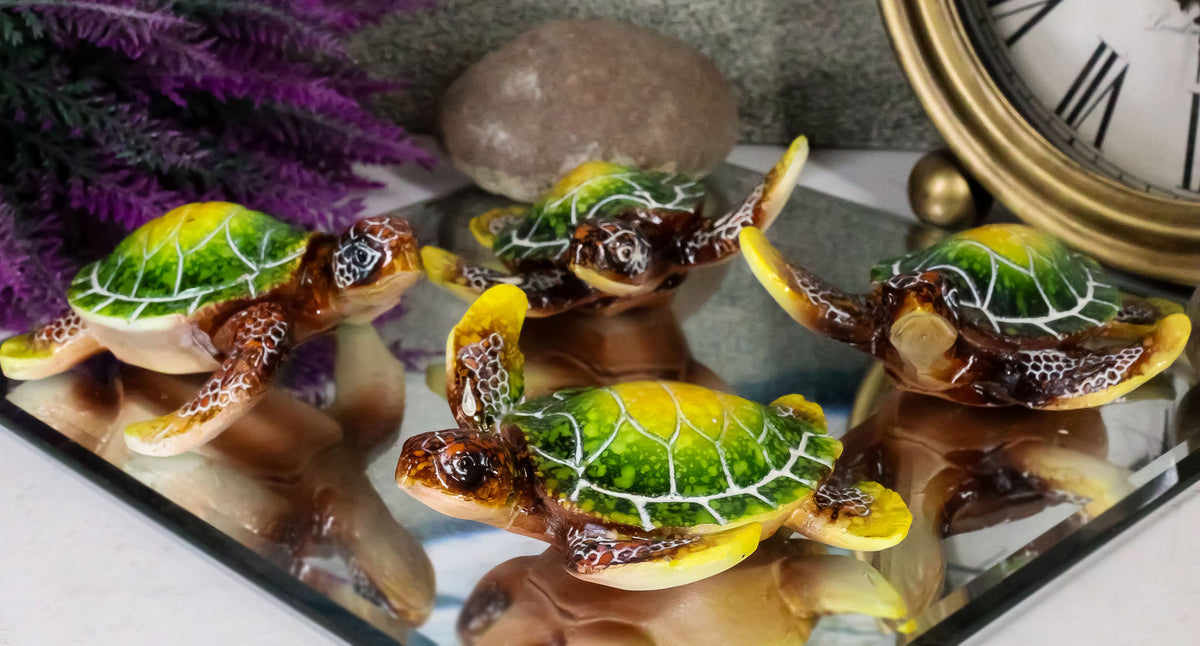 Green Coastal Ocean Marine Giant Sea Turtle Miniature Figurines Pack Of 4