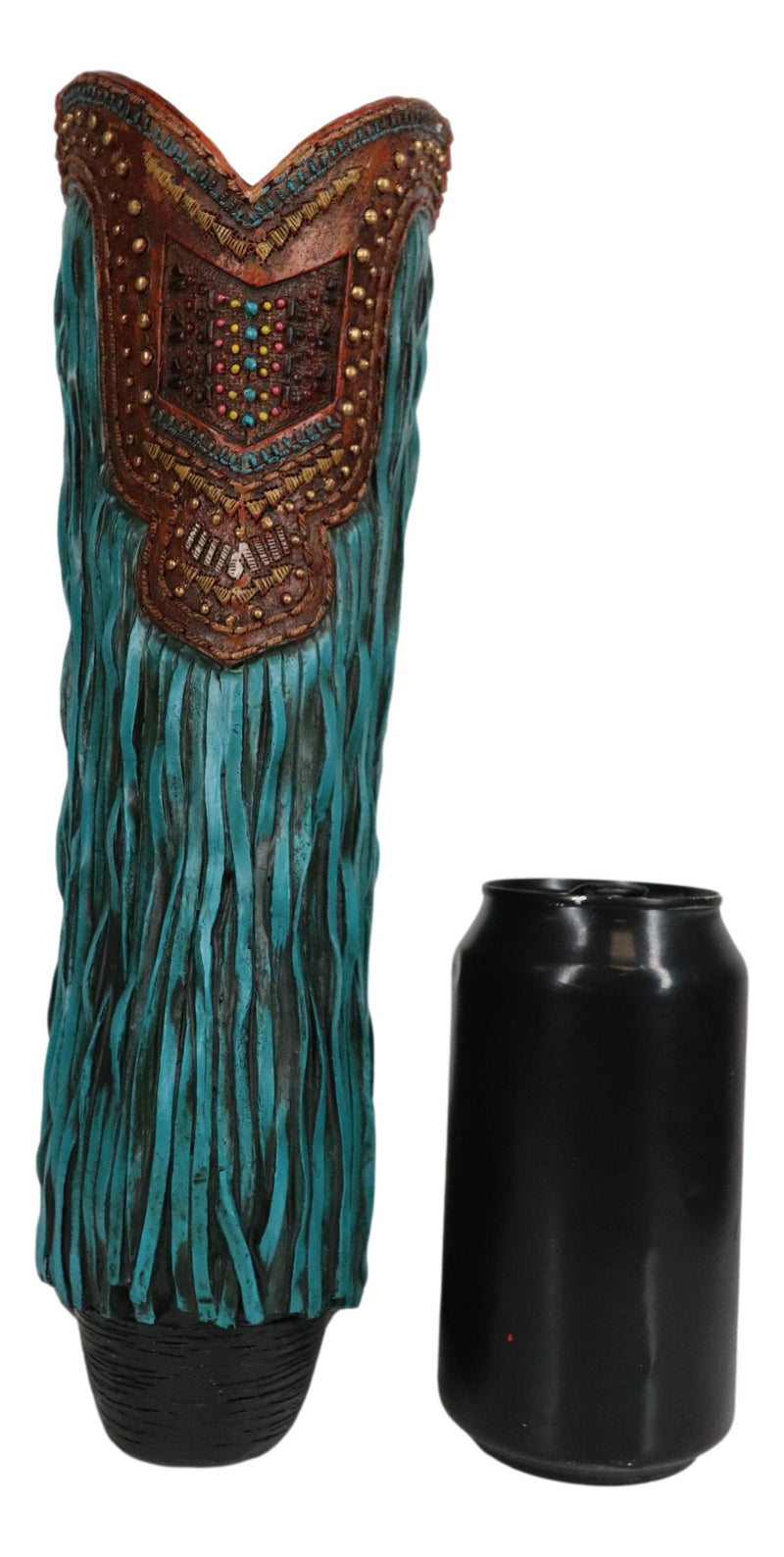 Rustic Western Country Faux Leather Cowgirl Boot Vase W/ Turquoise Frill Fringe