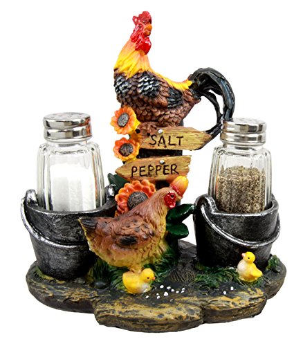 Country Rooster Hen and Chicks Family Salt and Pepper Shakers Holder Set 7"H - Ebros Gift
