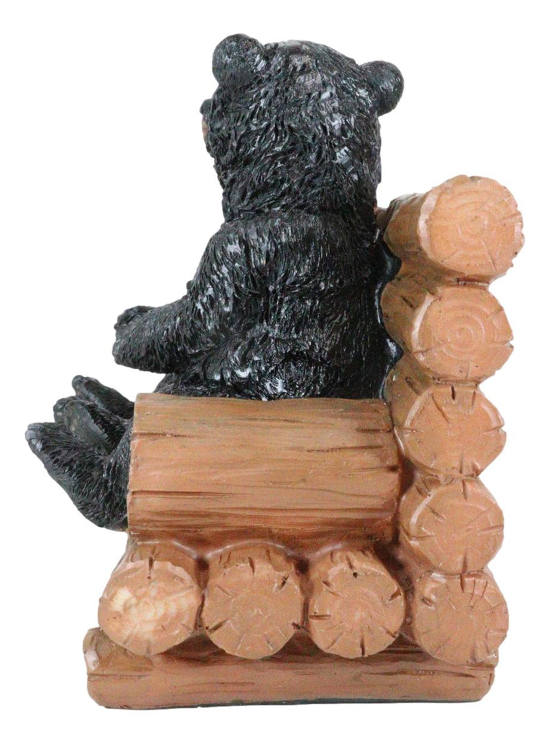 Rustic Whimsical Forest Black Bear Siblings Kissing By Tree Logs Bench Figurine