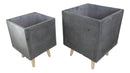 Set of 2 Contemporary Gray Fiber Clay Square Cube Planters Pots With Wooden Feet